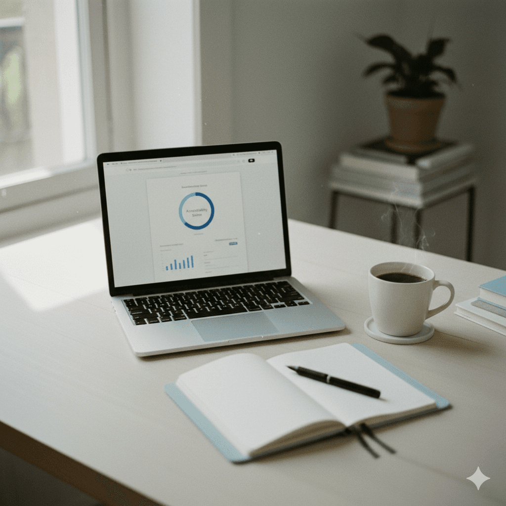 Laptop med Inklu dashboard på et lyst skrivebord
